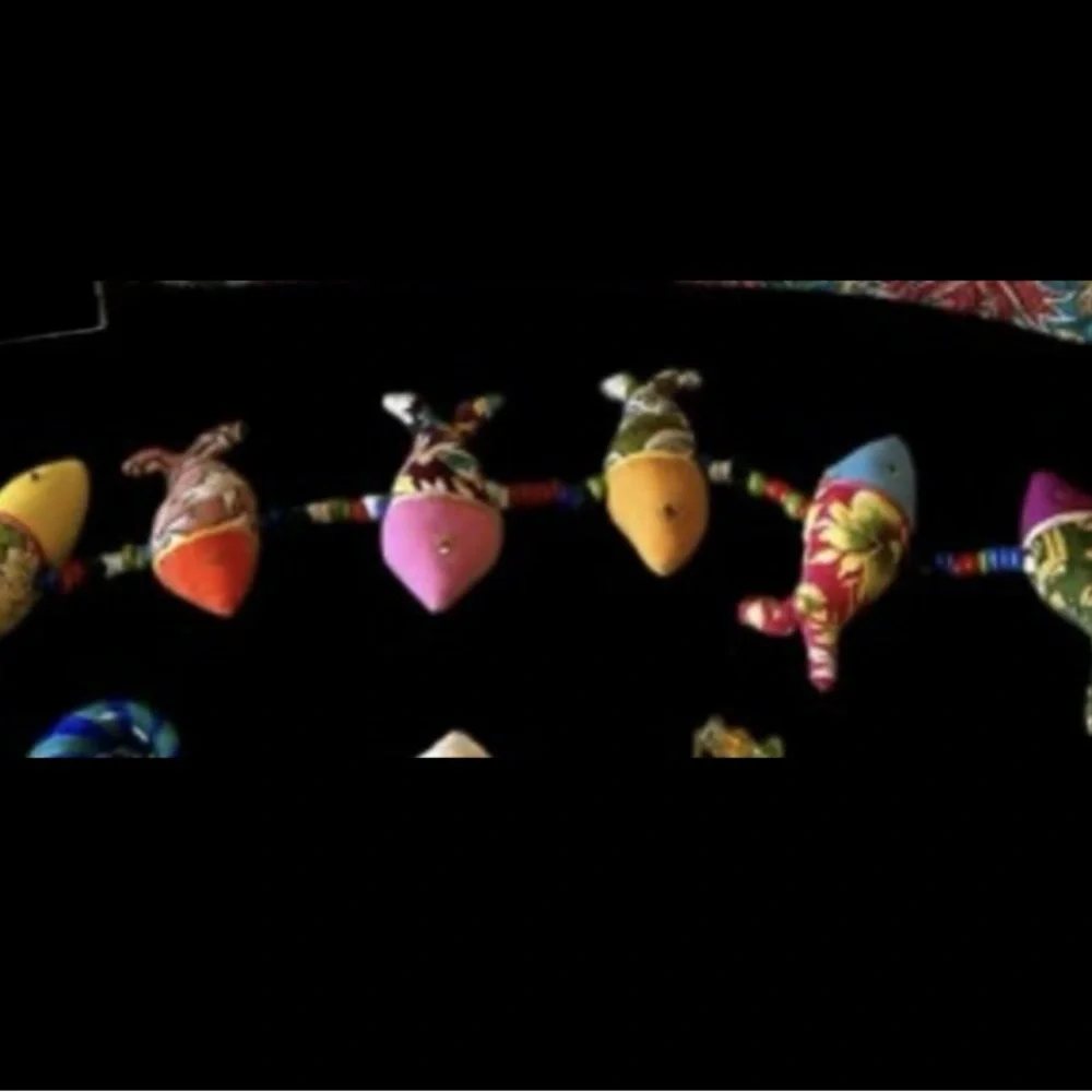 Vintage Handmade Fabric Fish Colorful Patchwork Garland Mobile Beaded Bell OOAK